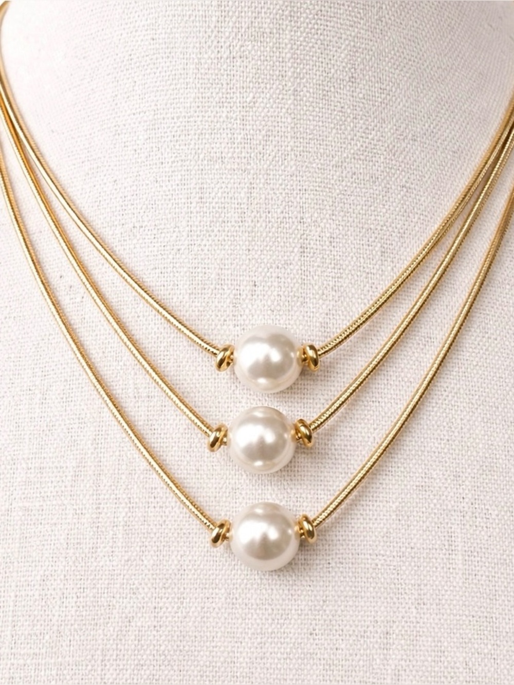Alfani Layered Gold Necklace Faux Pearl Triple Strand Snake Chain 17” 18” 19”